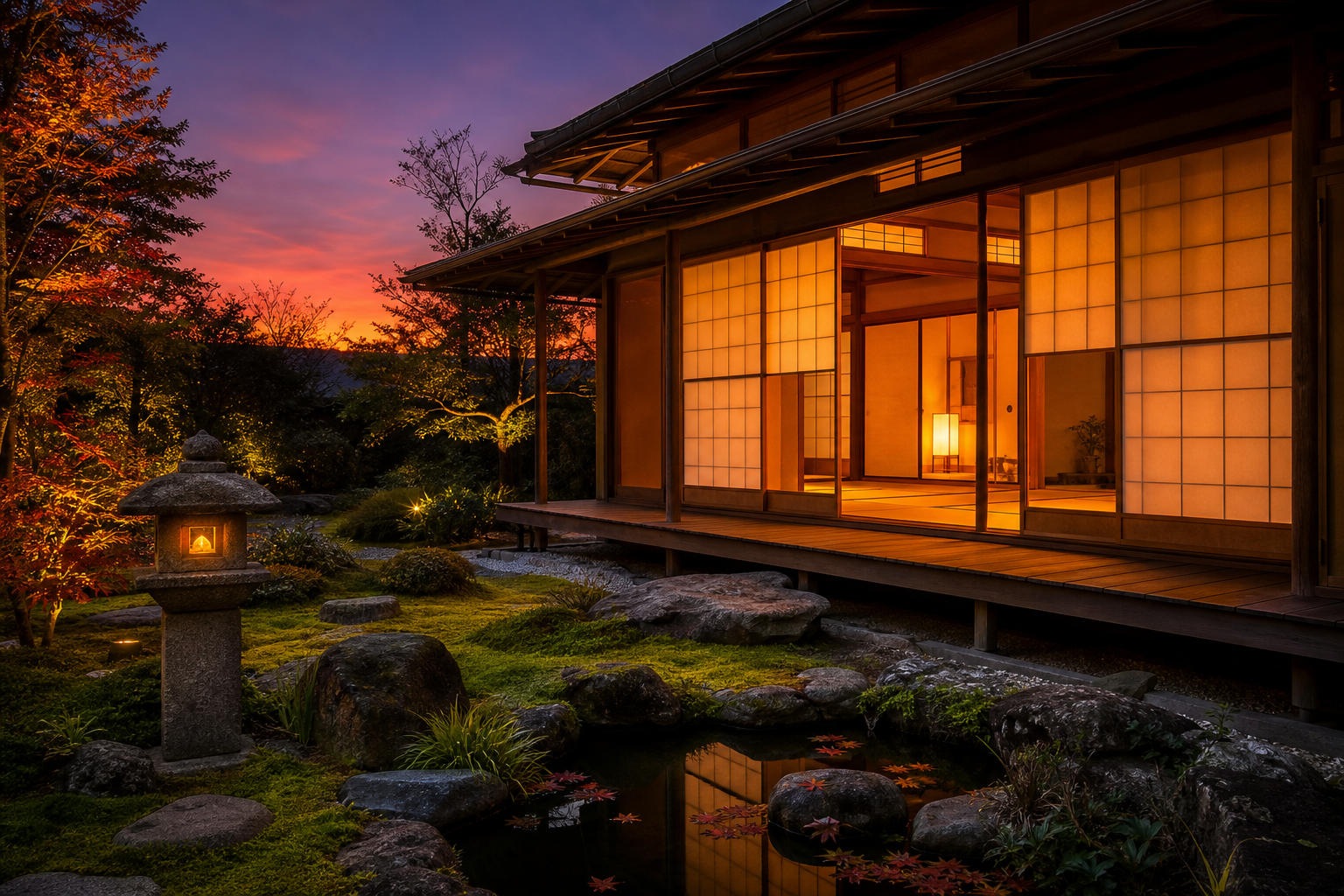 夕景の和モダン外観