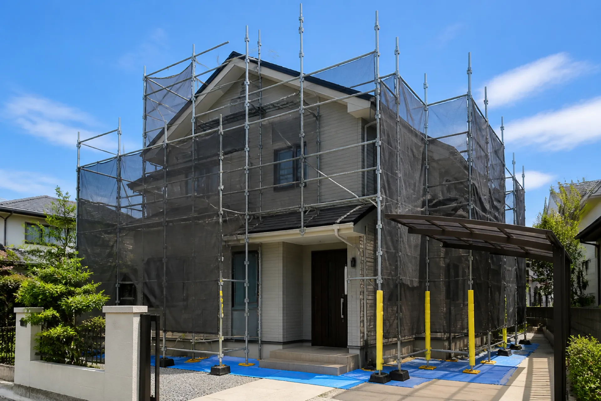外壁塗装中の住宅現場