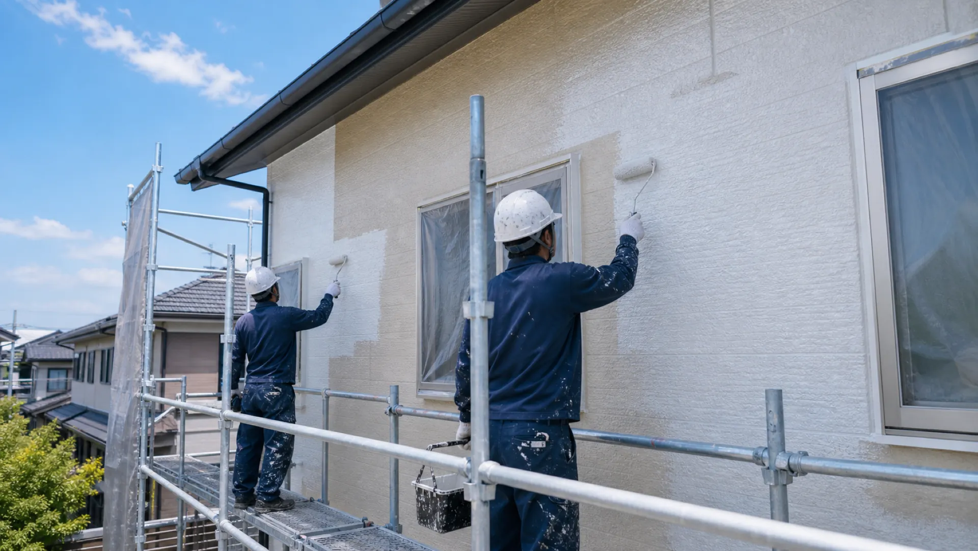 戸建て住宅の外壁塗装作業風景